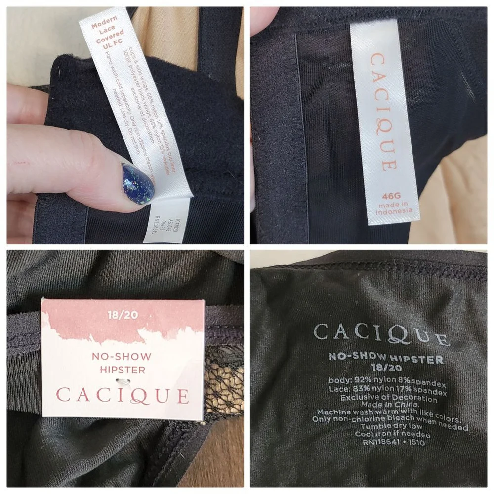 Cacique Unlined Full Coverage Black Lace Bra No Show Hipster Panties Set 46G - Picture 12 of 13
